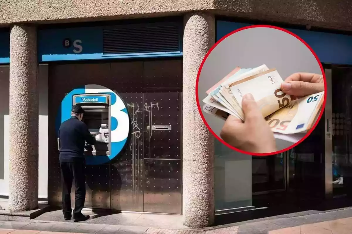 Home en un caixer del Banc Sabadell i cercle vermell amb mans i bitllets