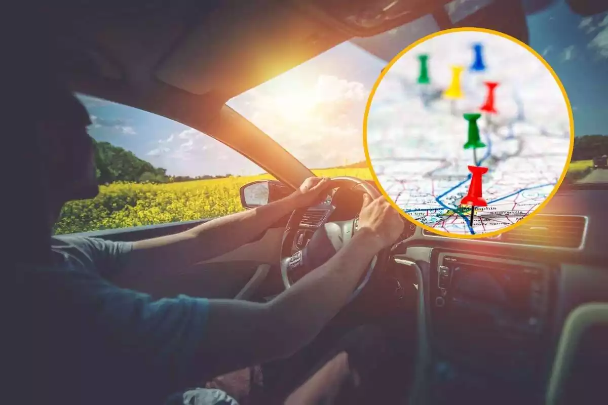 Muntatge amb persona conduint i un mapa amb xinxetes