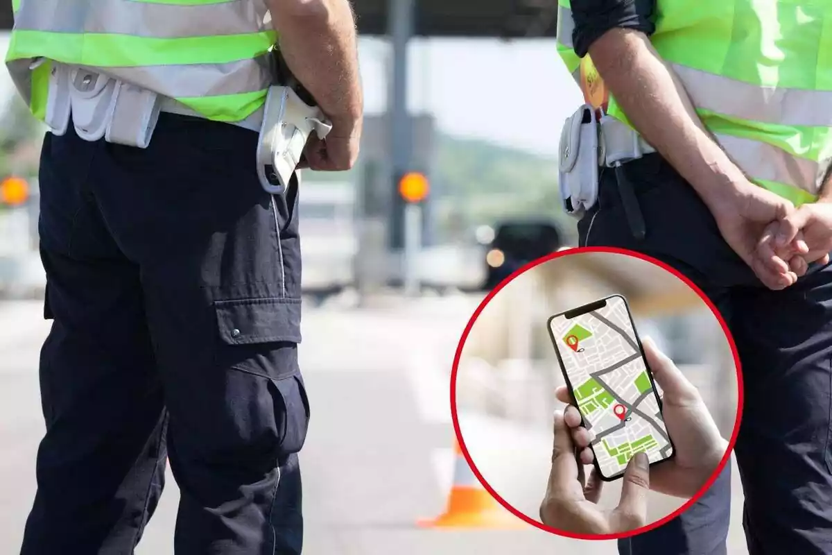 Muntatge amb control policial i persona usant el gps del mòbil