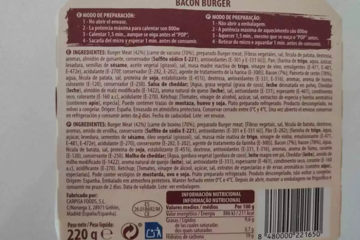 ingredients bacon burger Mercadona