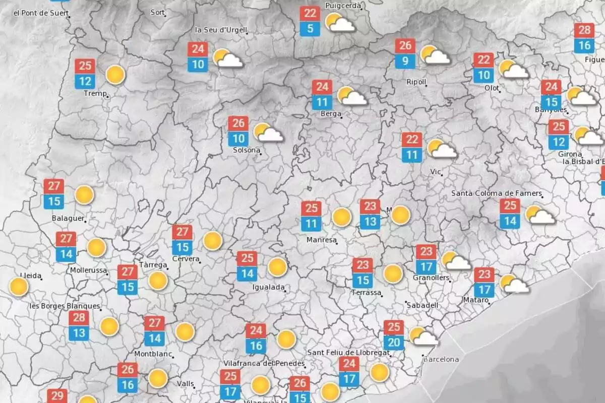 Mapa amb les temperatures previstes pel 19 de setembre a Catalunya