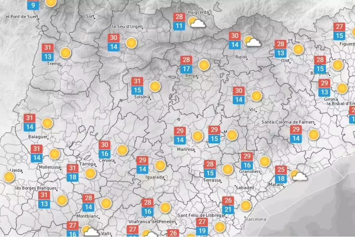 Mapa amb les temperatures previstes pel 2 d'octubre a Catalunya