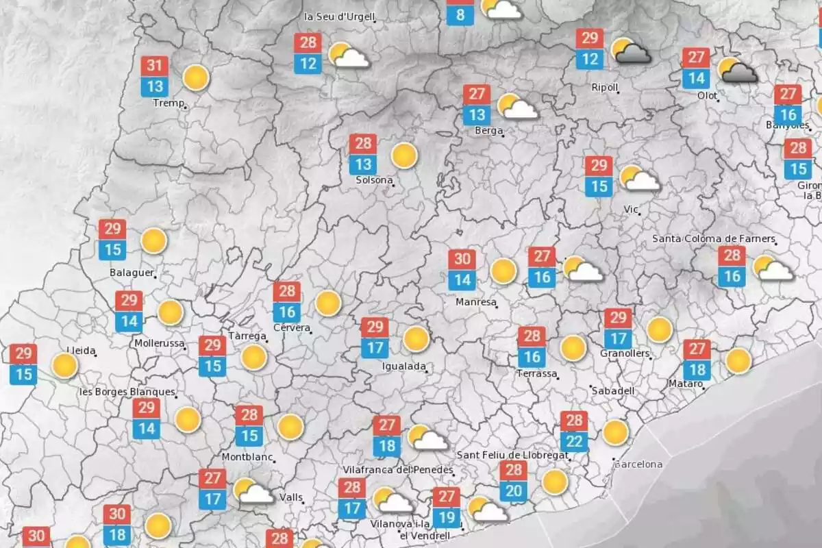 Mapa amb les temperatures previstes pel 5 d'octubre a Catalunya