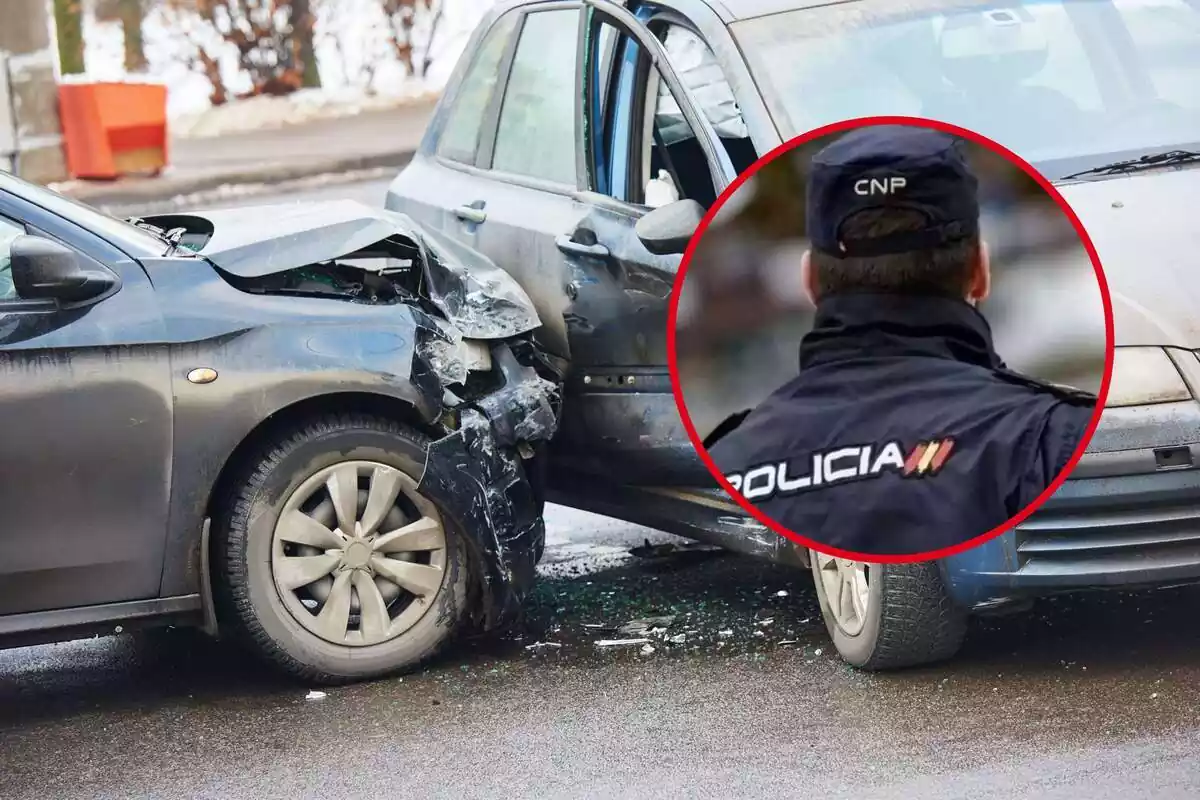 Muntatge d´un accident de cotxes i una rodona amb un policia