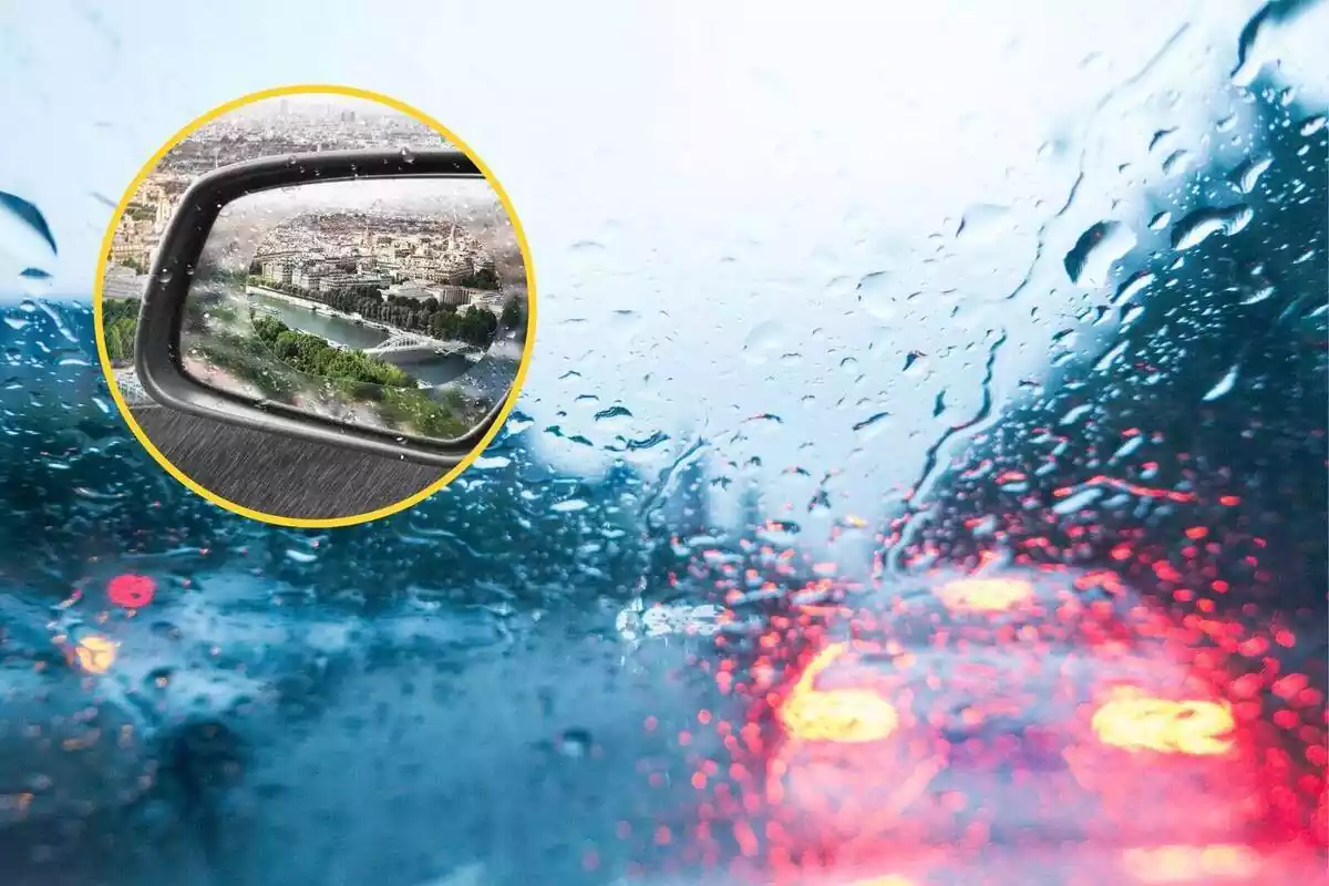 Muntatge d'un cotxe ple de gotes de pluja i una foto amb un adhesiu que fa que puguis veure a través del retrovisor