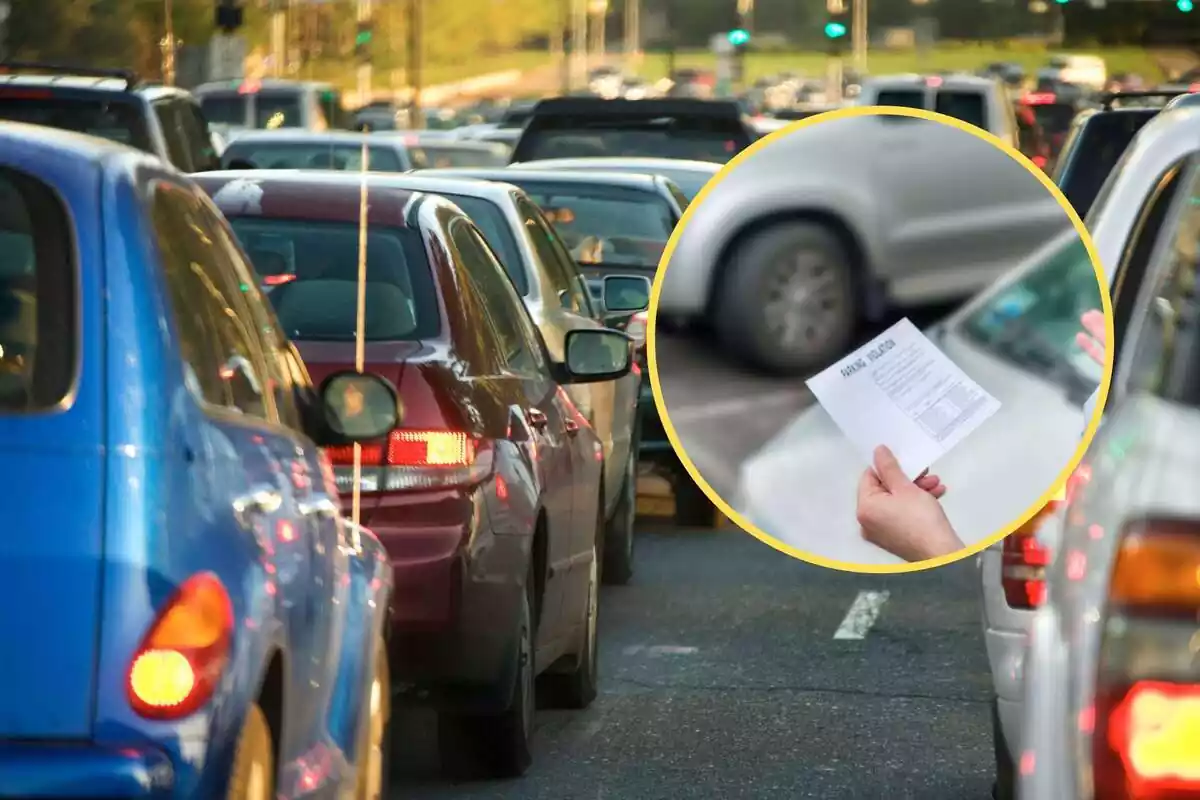 Muntatge de trànsit de cotxes i rodona d'una multa