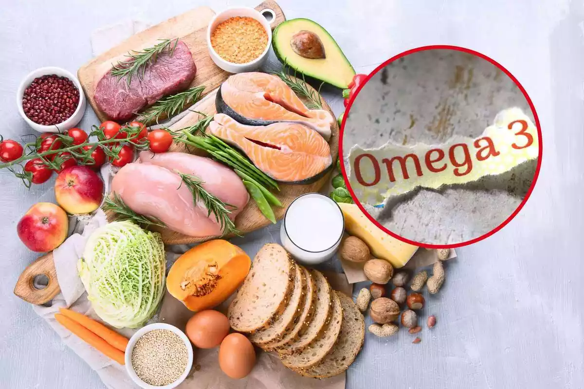 Muntatge de tots els aliments d'una dieta equilibrada i una rodona amb paper on posa Omega 3