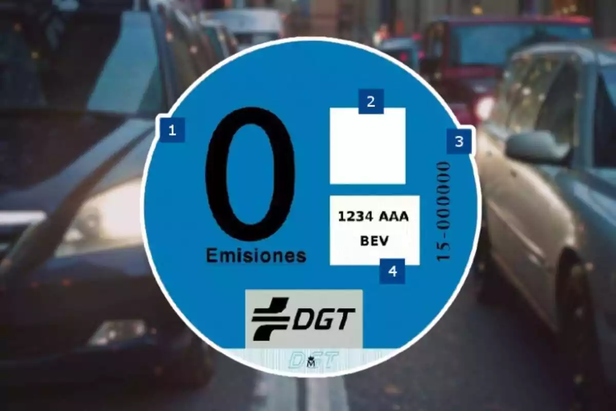 Muntatge del fons desenfocat de cotxes i a sobre la imatge d'una etiqueta de 0 emissions blava