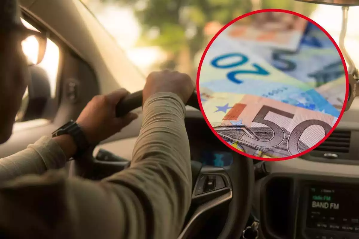 Muntatge amb una persona conduint un cotxe i un cercle amb diversos bitllets d'euro