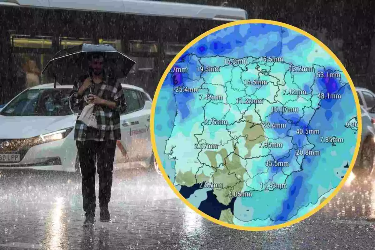 Muntatge amb un home amb un paraigua pel carrer en ple temporal de pluja i un cercle amb el mapa de precipitacions acumulades