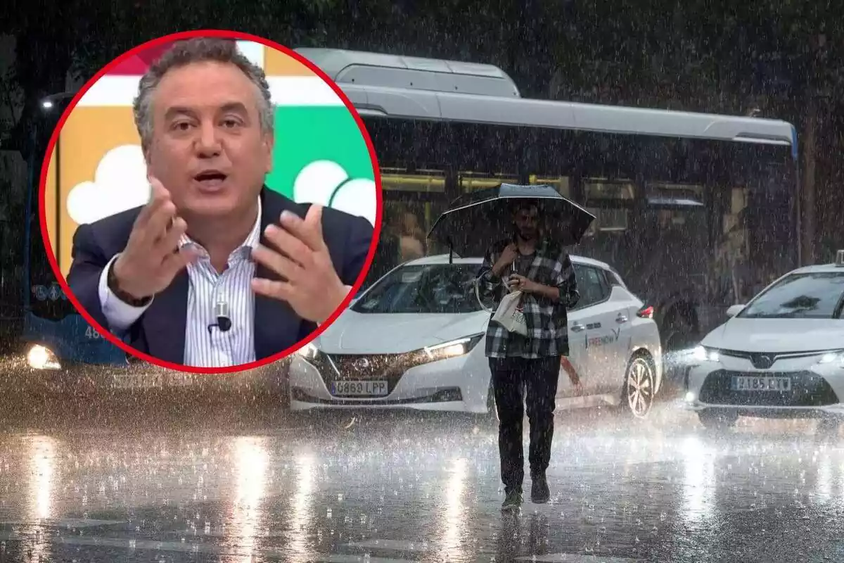 Muntatge amb una imatge d'un temporal de pluja a Madrid i un cercle amb la cara de Roberto Brasero
