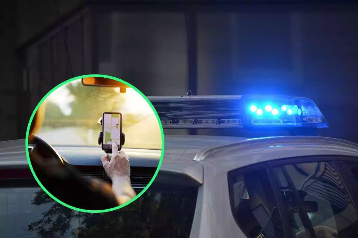 Muntatge amb cotxe de policia i amb persona utilitzant el GPS al cotxe