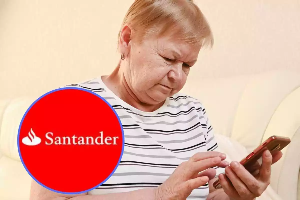 Dona gran amb mòbil i logo de Banco Santander