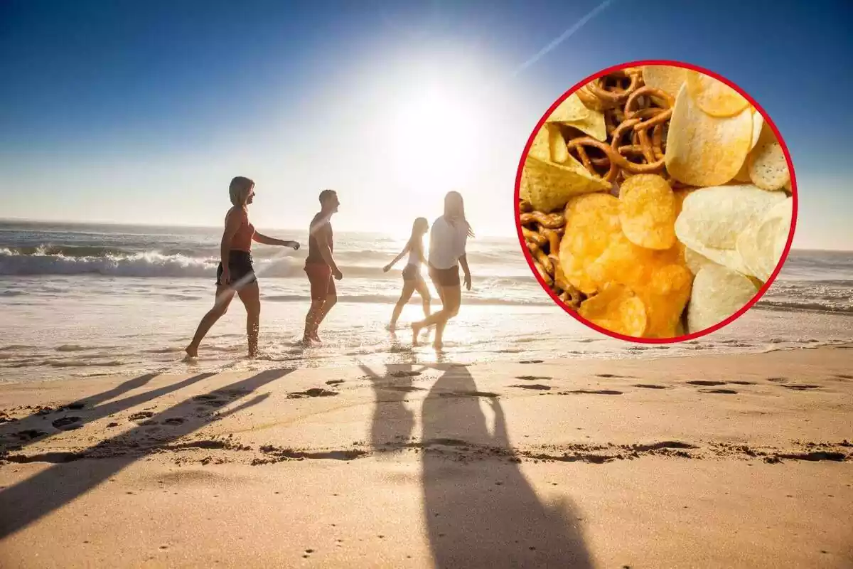 Muntatge de platja amb amics i snack de patates
