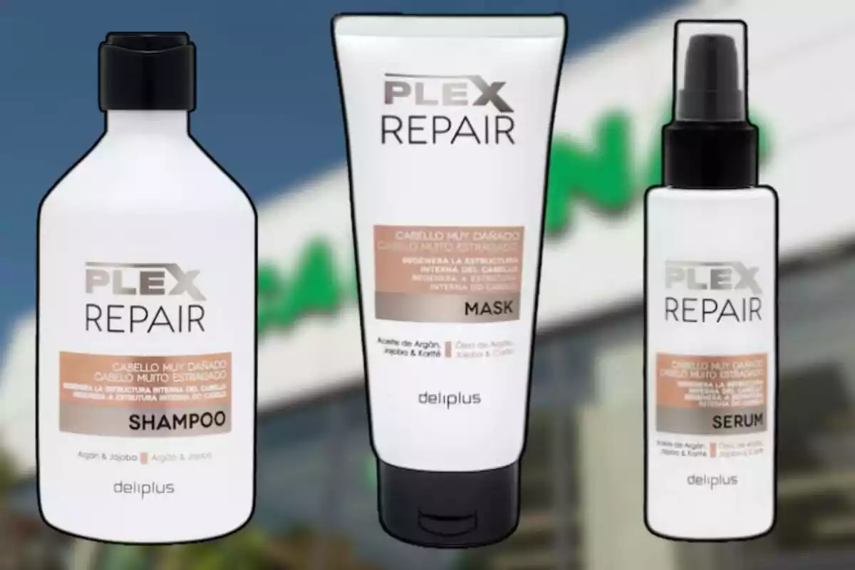 Imatge de fons d'una botiga Mercadona i en primer pla imatge dels productes de la gamma Plex Repair, xampú, mascareta i sèrum
