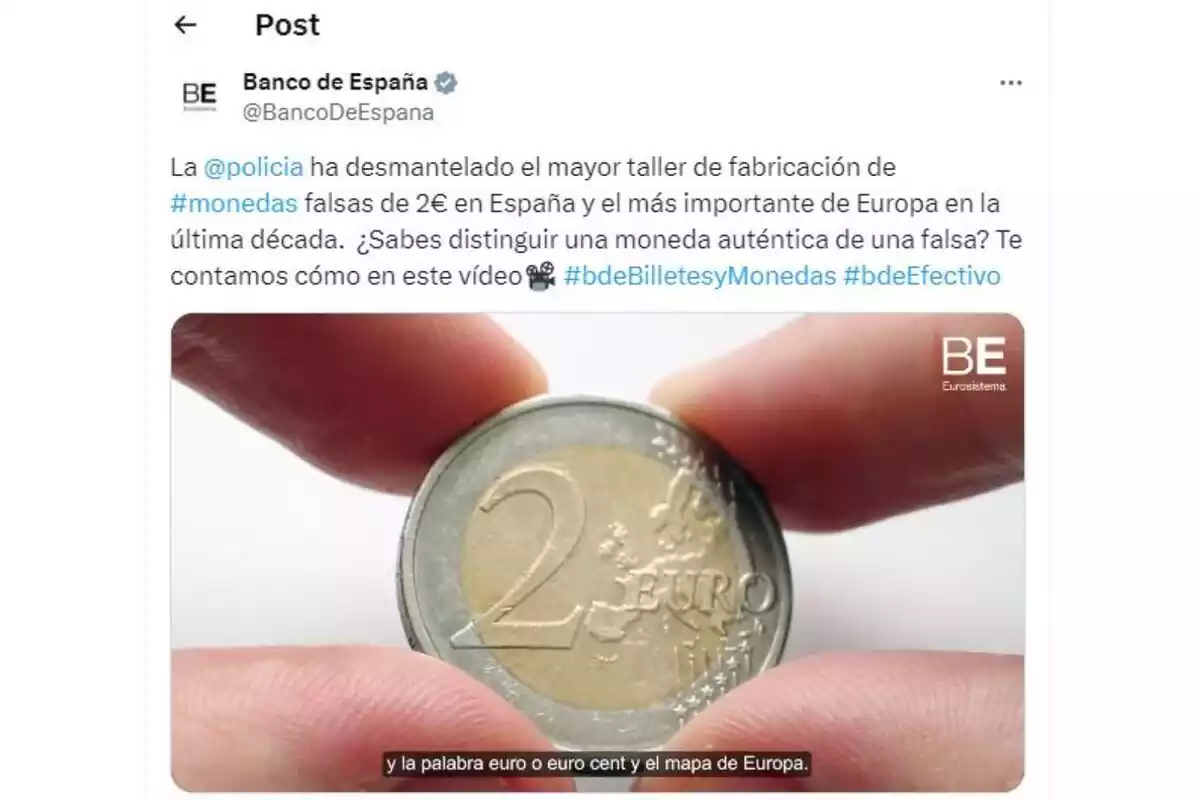 Imatge d'un post del Banc d'Espanya a X, sobre la detecció de monedes falses