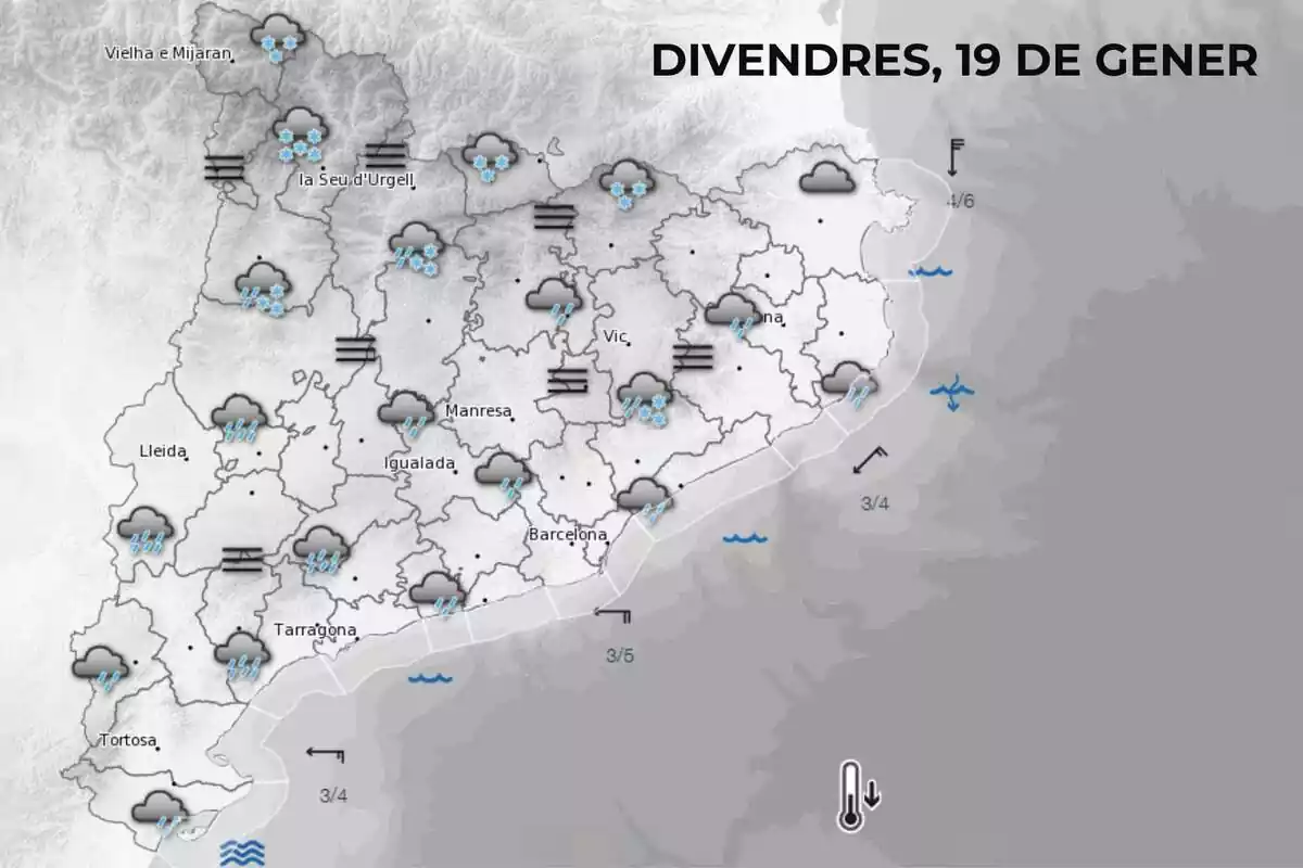 Mapa de símbols del Meteocat pel dia de pluja de divendres, 19 de gener