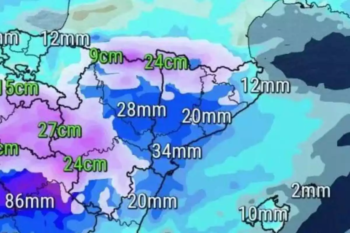 Mapa amb la previsió de neu i de precipitacions de Catalunya pel divendres 19