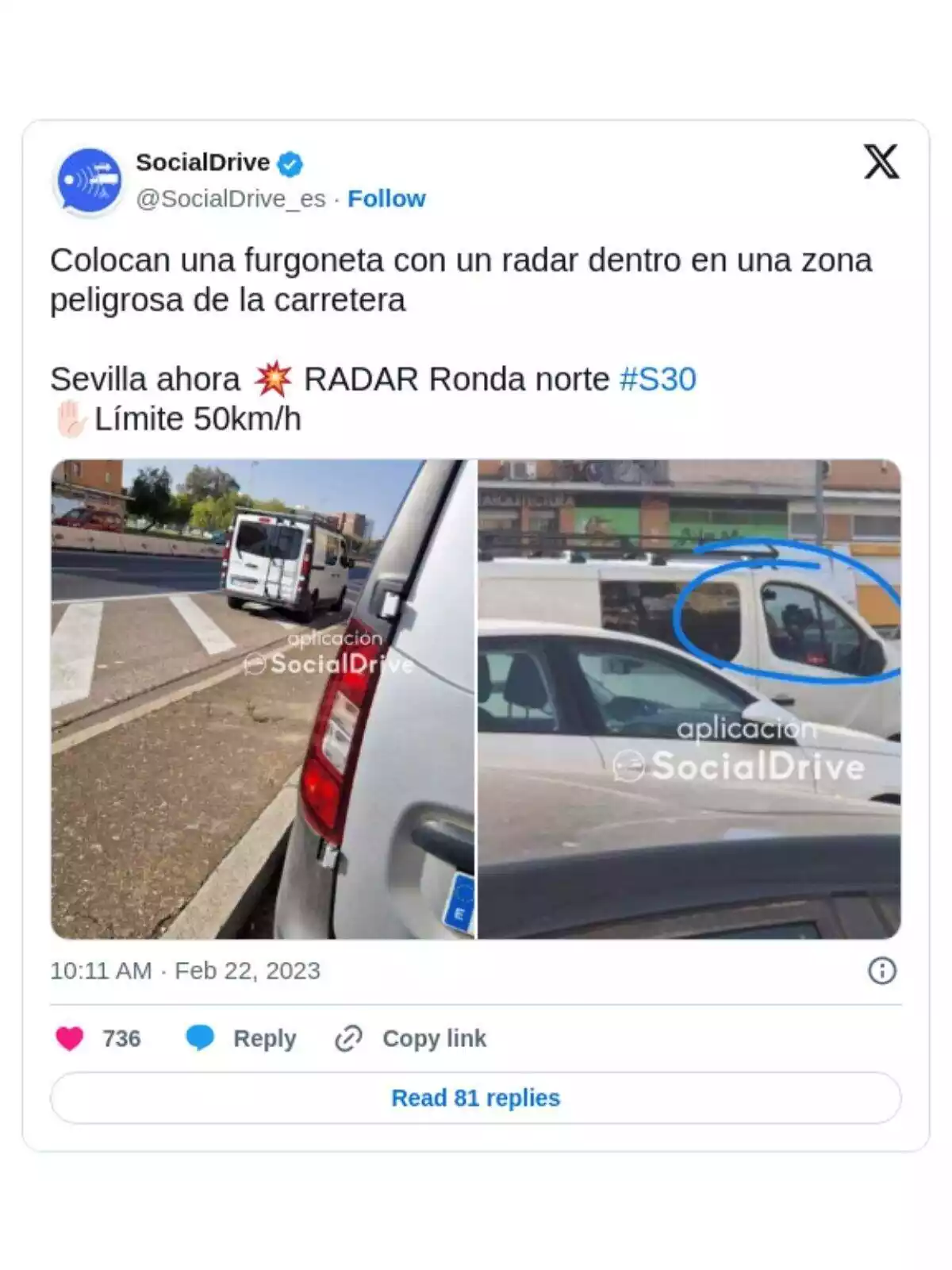 Imatge d'un missatge a la xarxa social X de l'usuari SocialDrive amb dues imatges de furgonetes radar de la DGT