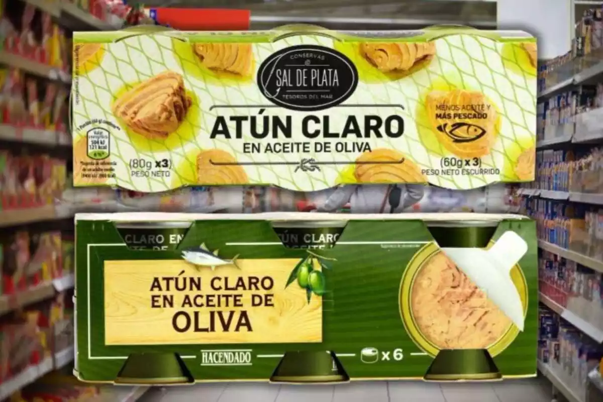 Imatge de fons d'un supermercat, amb dues imatges més, en primer pla, de dos paquets de llaunes de tonyina en oli d'oliva de les marques Sal de plata i Hacendado