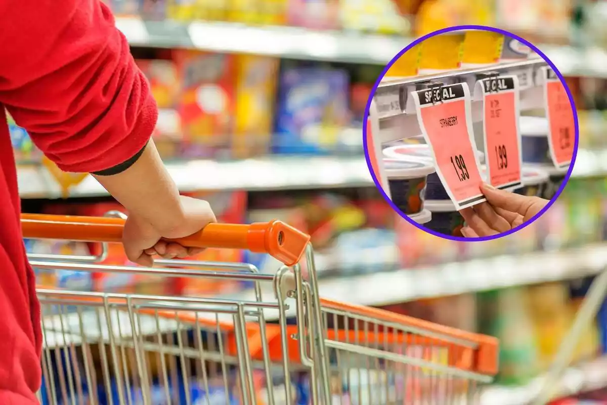 Persona amb carret de la compra a un supermercat i cercle violeta amb preus