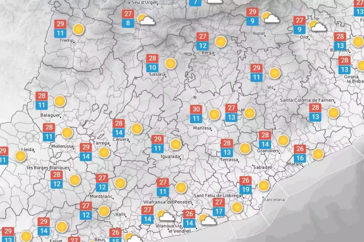 Mapa amb les temperatures previstes pel 12 d'octubre a Catalunya